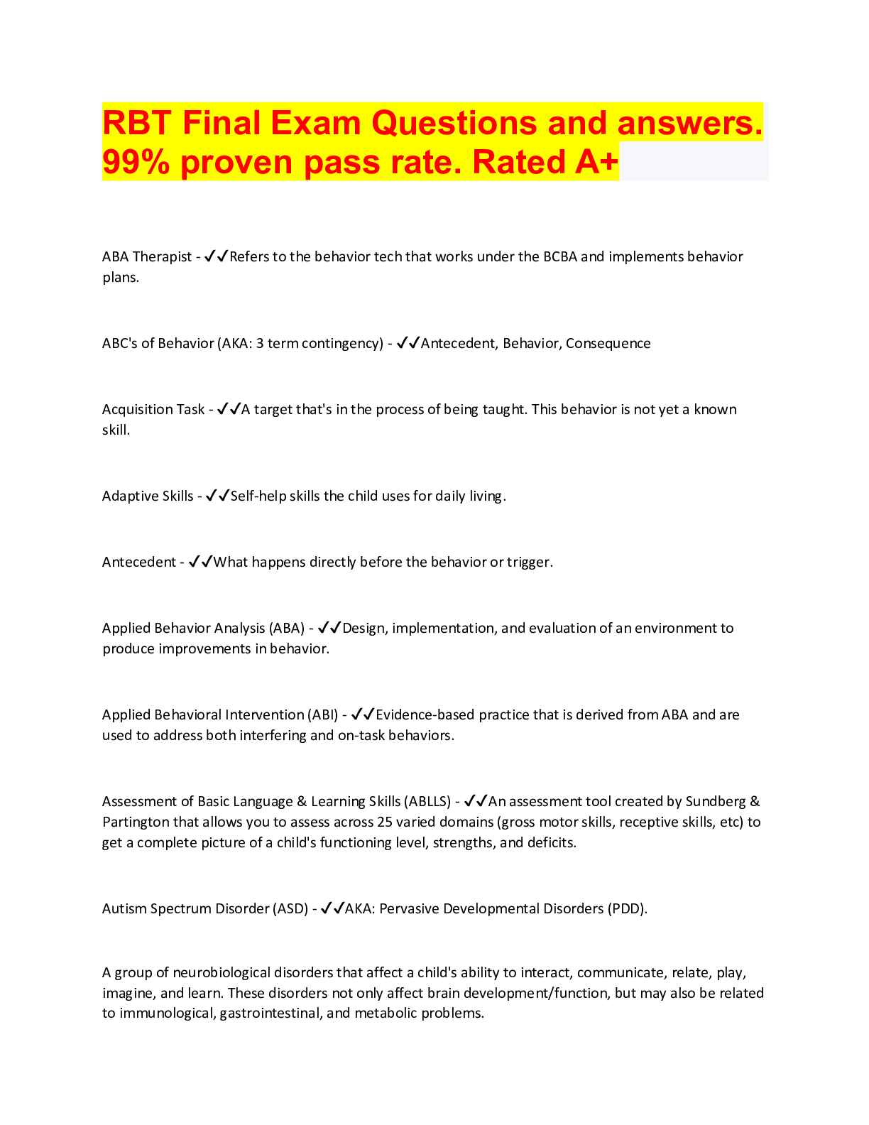 RBT Final Exam Questions and answers. 99% proven pass rate. Rated A+